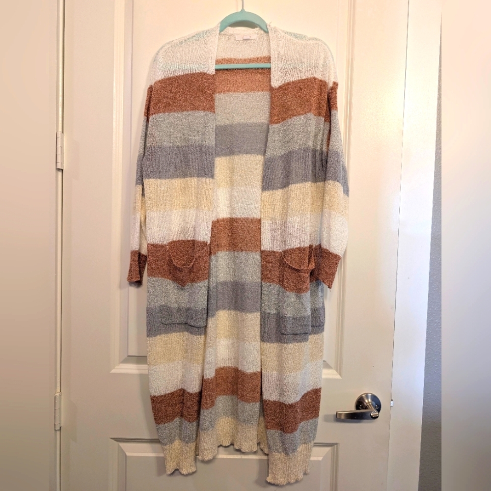 Cream and Gray Long Cardigan Sweater